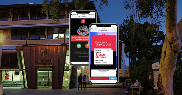 2 iphones displaying Murdoch University's Live Trivia hub against a background of Murdoch University