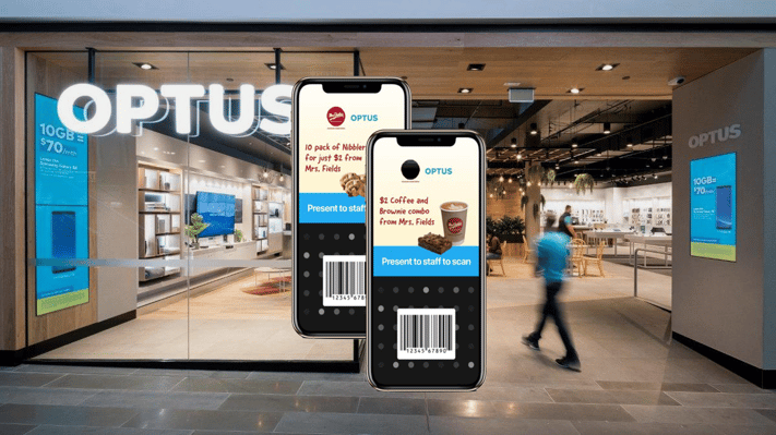 2 iphones displaying Optus Perks' digital coupons against a background of an Optus store 
