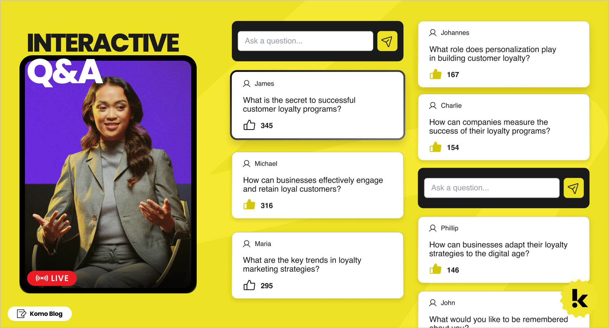 The Interactive Q&A Card acts as a tool to run and moderate a forum-style live event, whether in-person or virtually. 